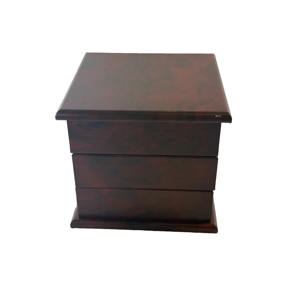 Vintage Wooden 3 Tier Swivel Jewelry Box Faux Burlwood Rotating Storage Chest